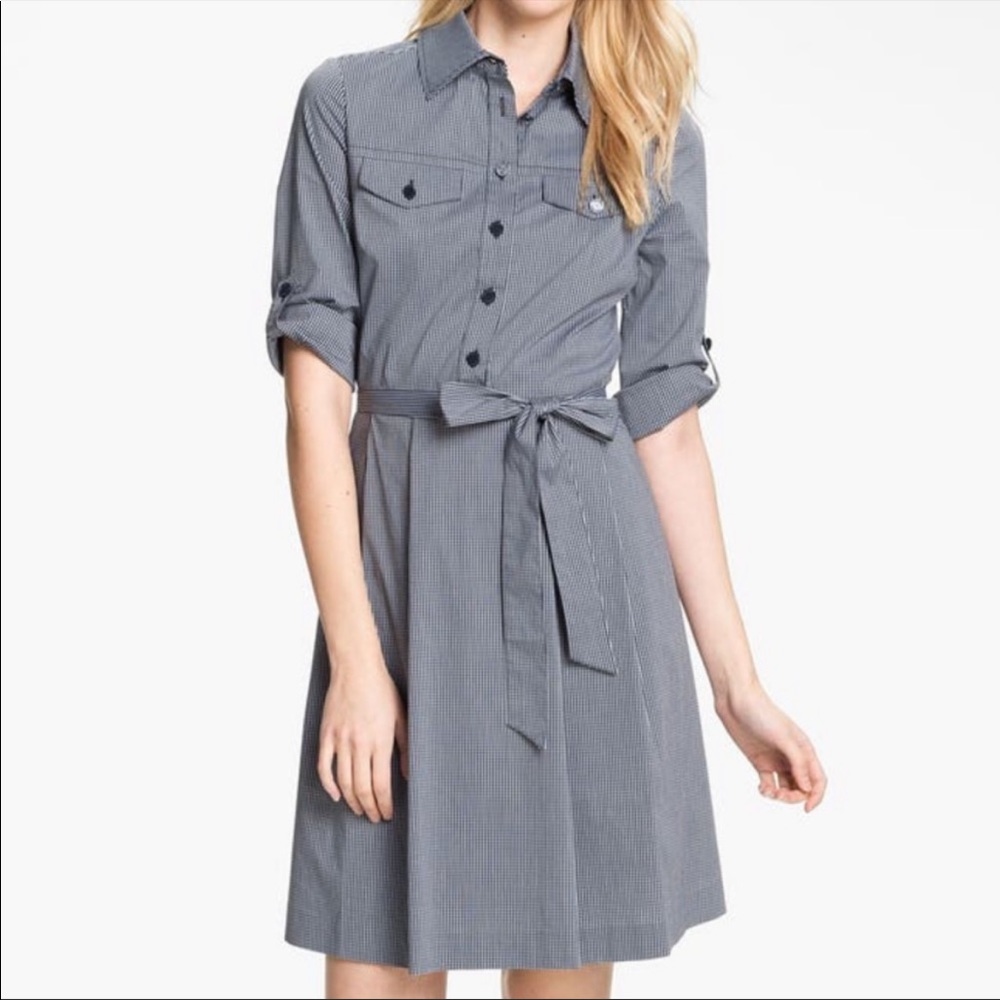 Tory Burch 4 Navy Blue and White Micro Gingham Checker Shirt Dress 💯 Cotton Y
